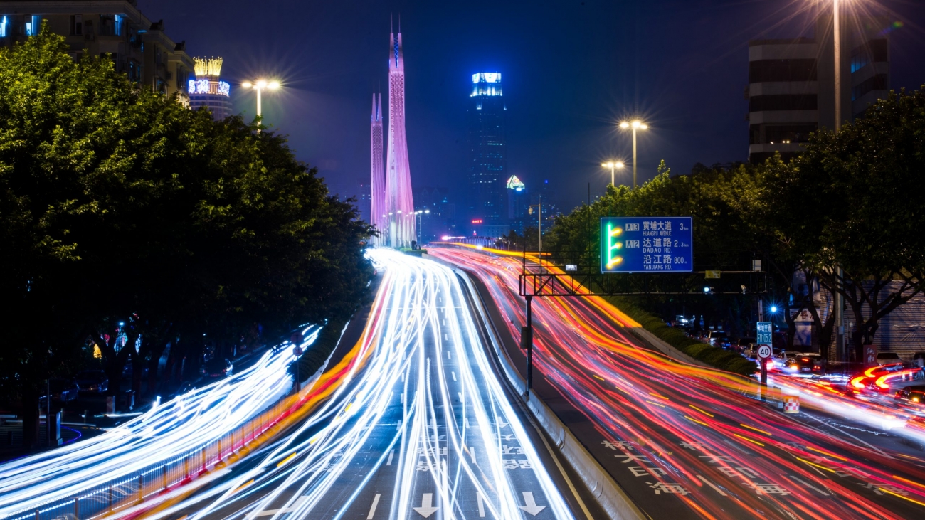 long exposure of Guangzhou night traffic scene
